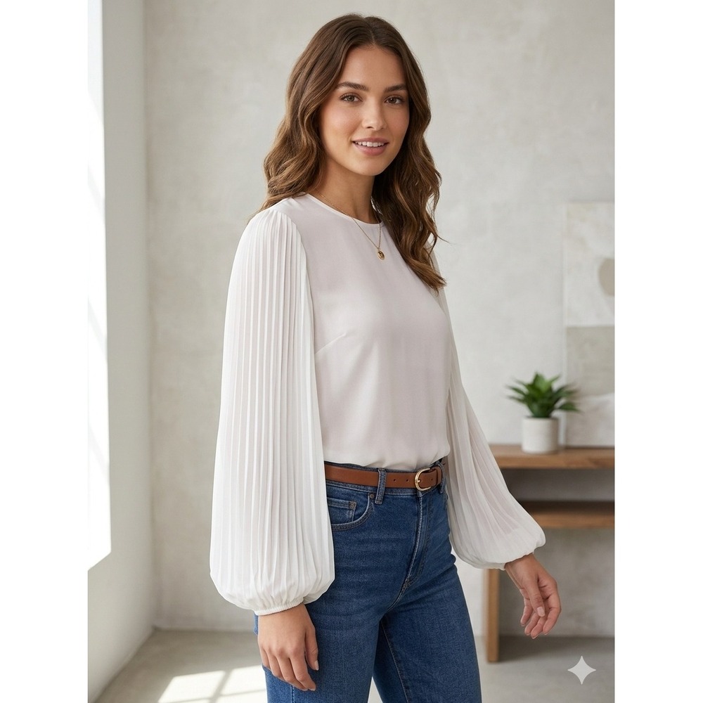 Express Blouse Womens Medium White Pleated Balloon Sleeve Crew Neck Top